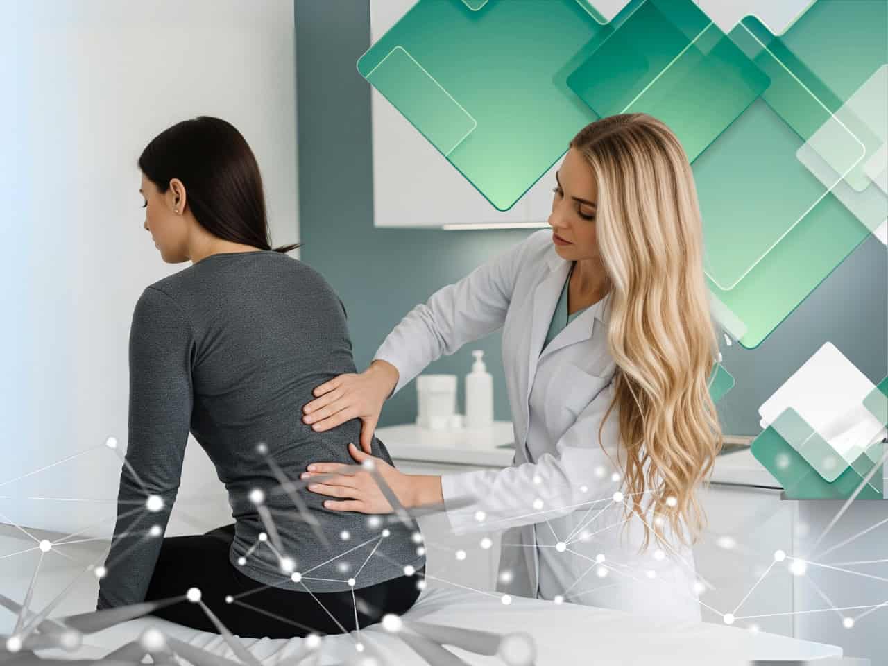 Fisioterapeuta en San Fernando realizando una valoración de la espalda a una paciente en la clínica.