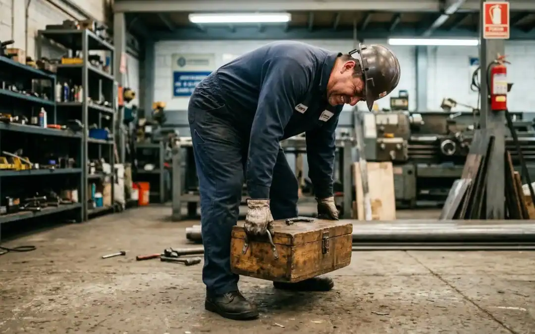 Un trabajador industrial sufriendo una sobrecarga lumbar al levantar una caja pesada incorrectamente en un taller, ilustrando la mala postura.